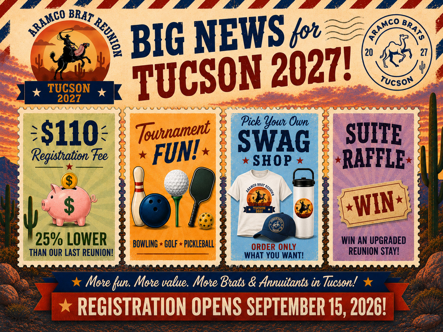 Tucson 2027 Reunion announcement featuring $110 registration, tournaments, SWAG, and a suite raffle